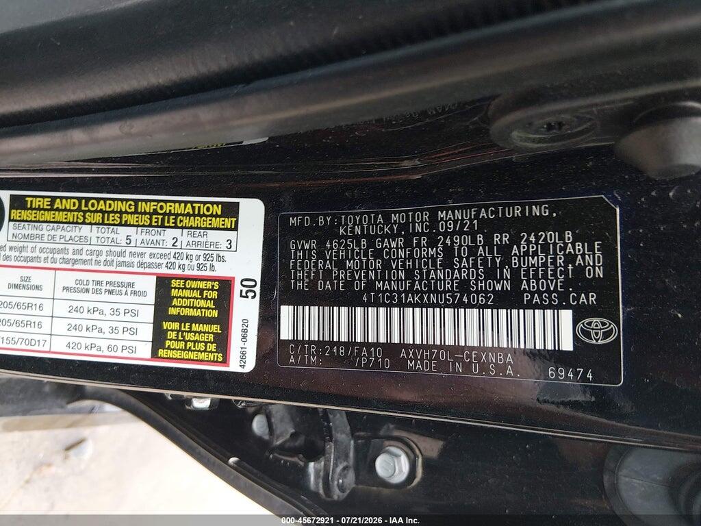 4T1C31AKXNU574062 2022 TOYOTA CAMRY photo no. 9