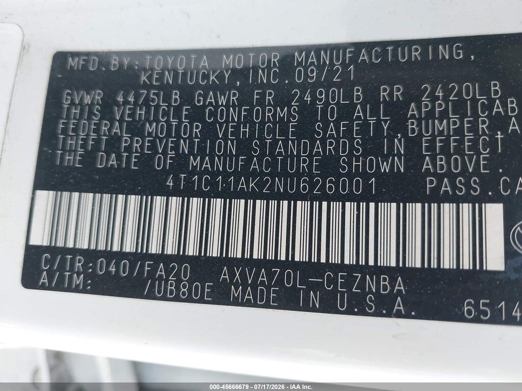 4T1C11AK2NU626001 2022 TOYOTA CAMRY photo no. 9