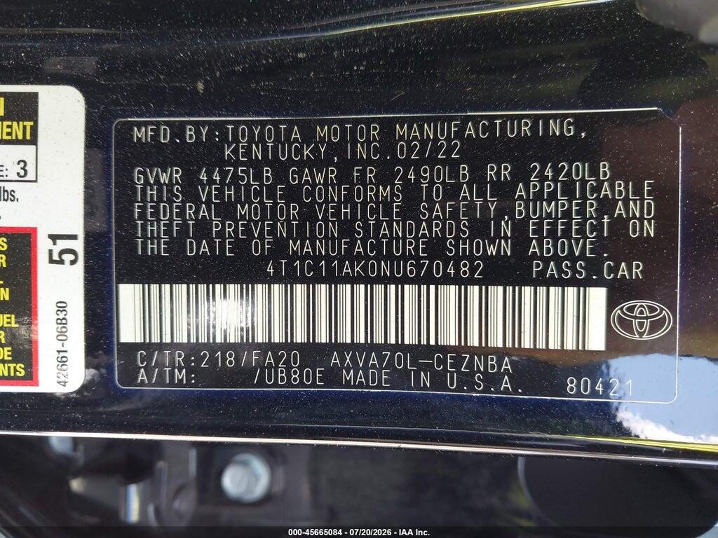 4T1C11AK0NU670482 2022 TOYOTA CAMRY photo no. 9