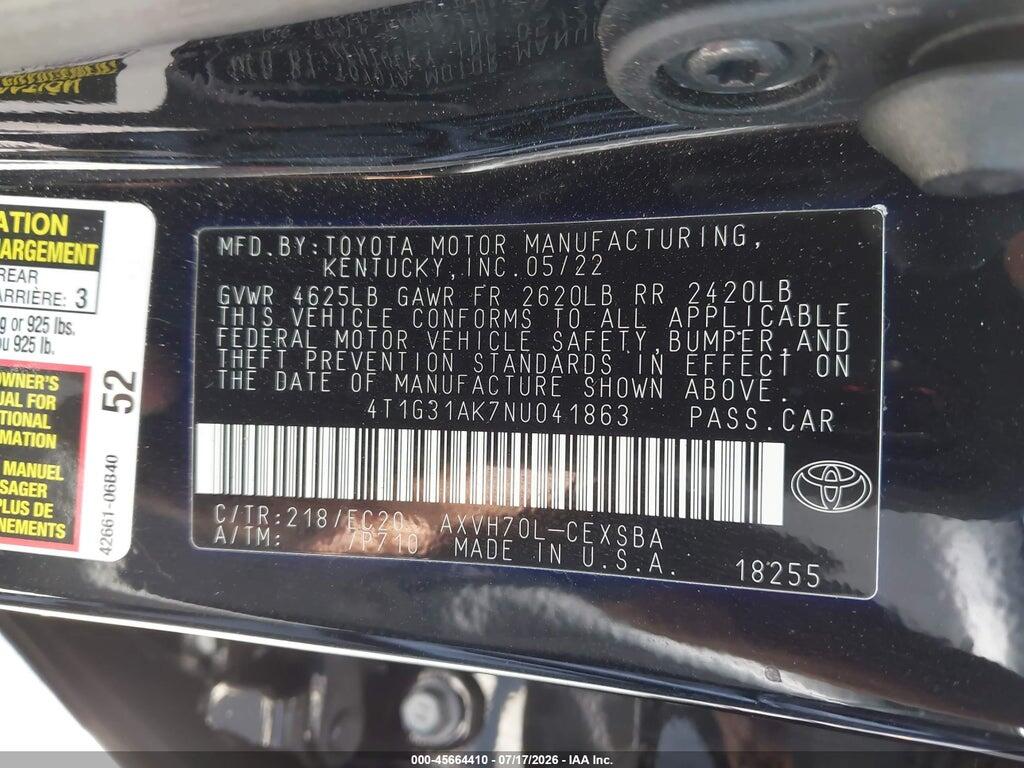4T1G31AK7NU041863 2022 TOYOTA CAMRY photo no. 9