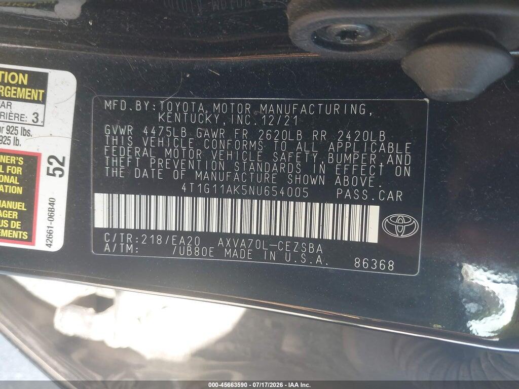 4T1G11AK5NU654005 2022 TOYOTA CAMRY photo no. 9