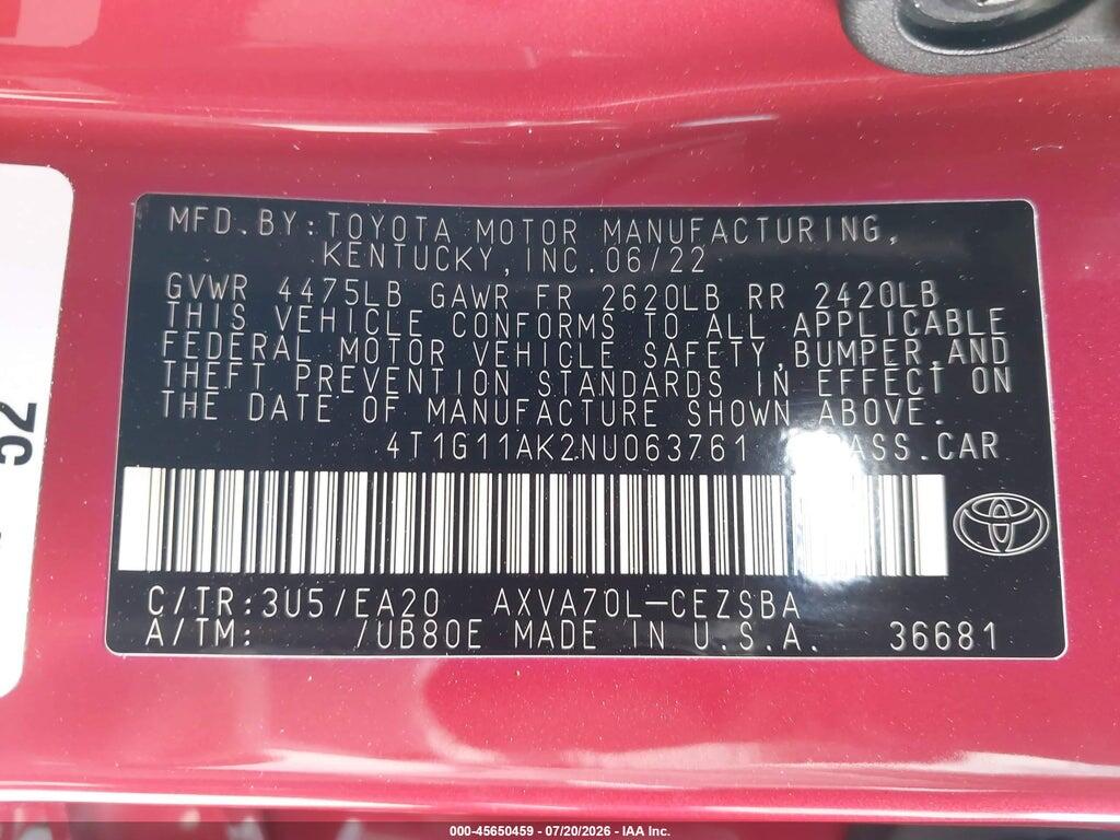 4T1G11AK2NU063761 2022 TOYOTA CAMRY photo no. 9