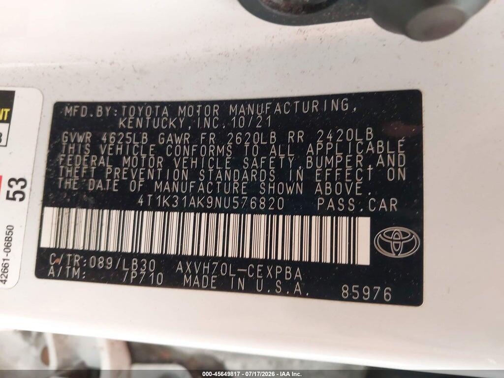 4T1K31AK9NU576820 2022 TOYOTA CAMRY photo no. 9