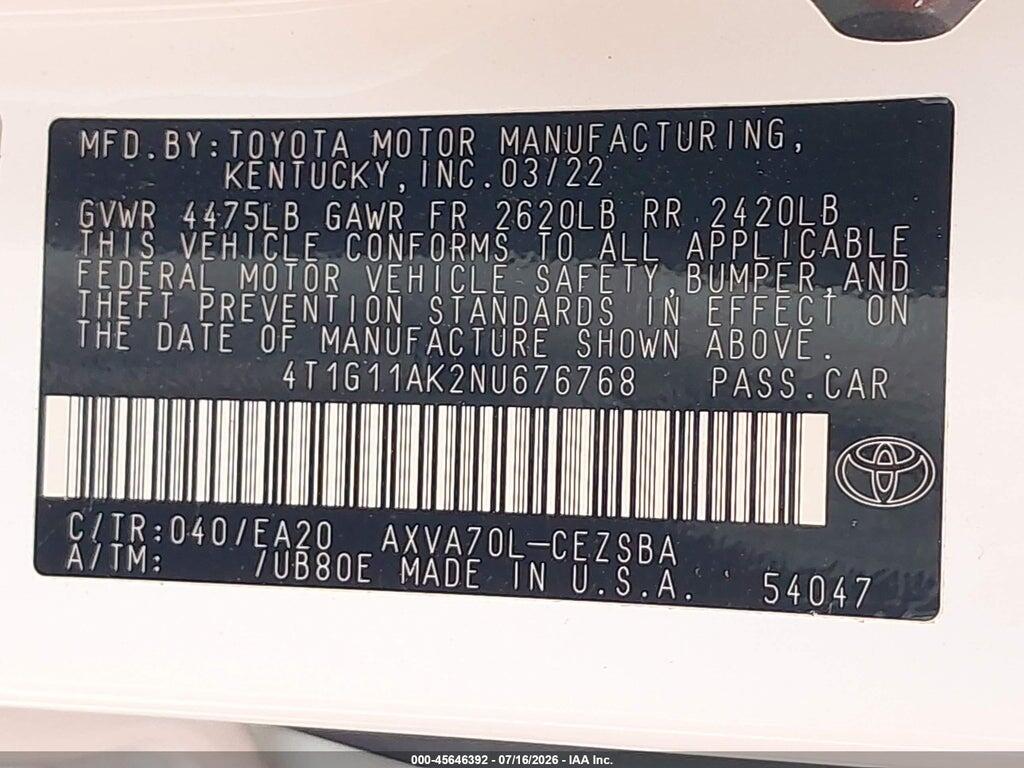 4T1G11AK2NU676768 2022 TOYOTA CAMRY photo no. 9
