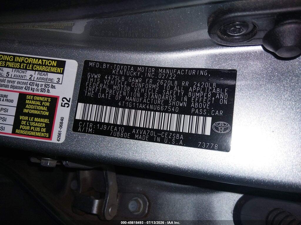 4T1G11AK4NU667540 2022 TOYOTA CAMRY photo no. 9