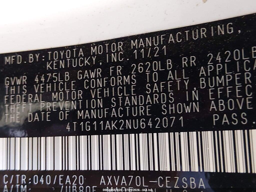 4T1G11AK2NU642071 2022 TOYOTA CAMRY photo no. 9