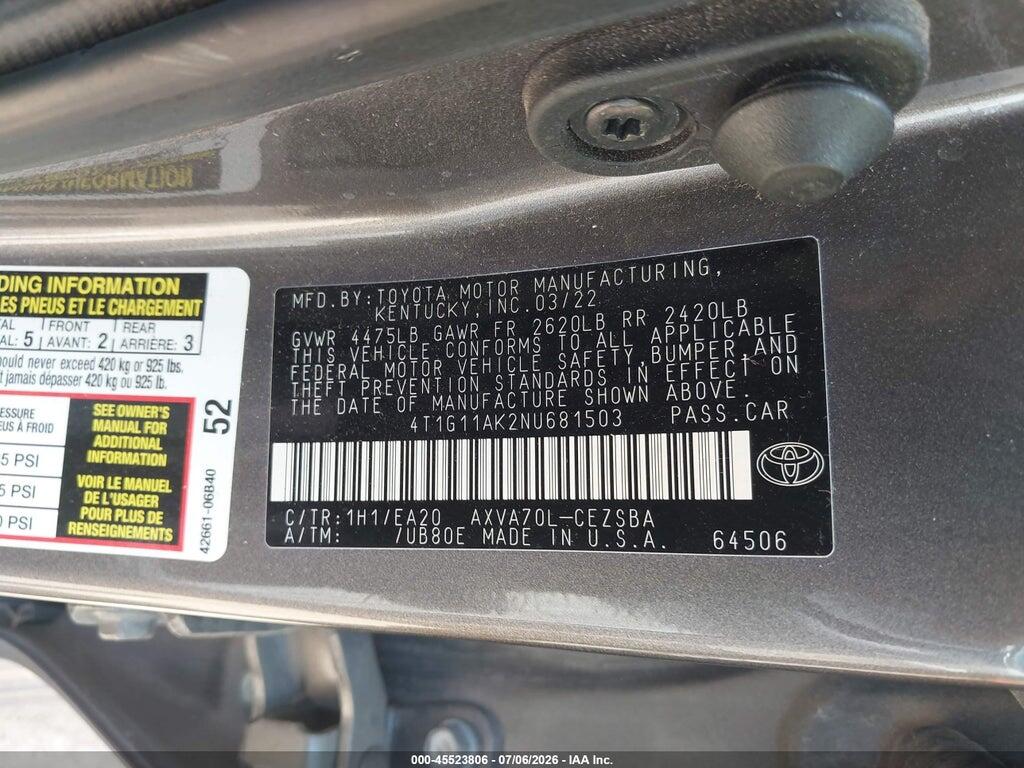 4T1G11AK2NU681503 2022 TOYOTA CAMRY photo no. 9