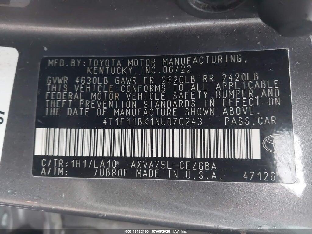 4T1F11BK1NU070243 2022 TOYOTA CAMRY photo no. 9