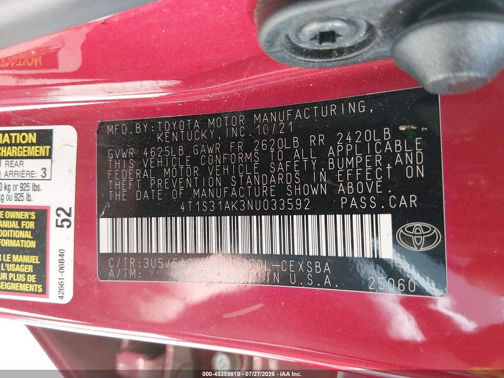 4T1S31AK3NU033592 2022 TOYOTA CAMRY photo no. 9