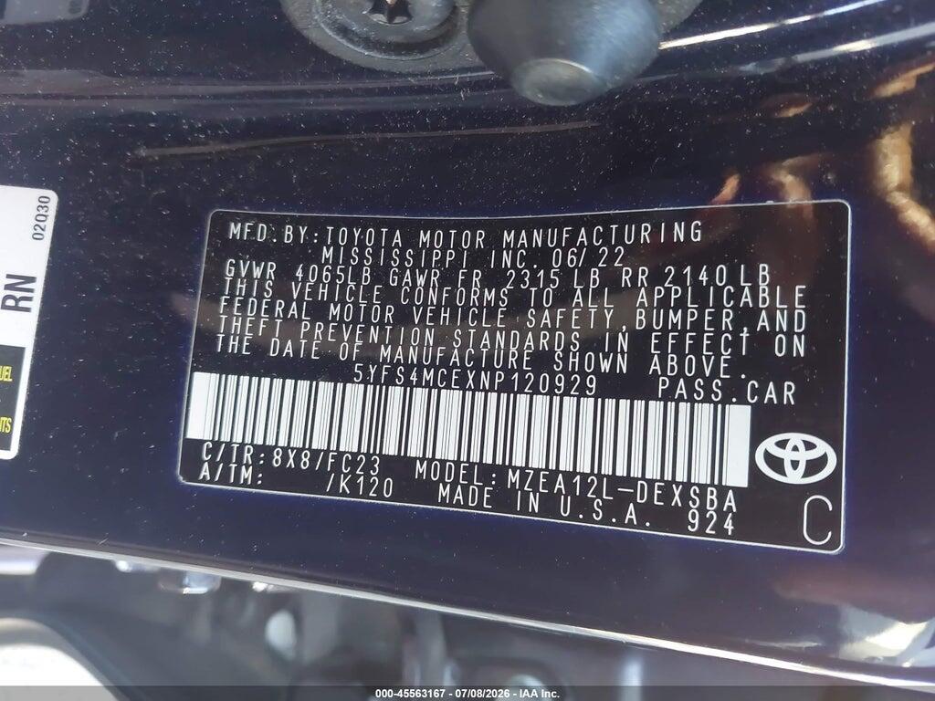 5YFS4MCEXNP120929 2022 TOYOTA COROLLA photo no. 9