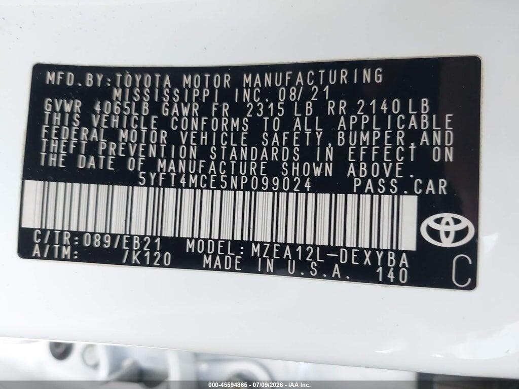 5YFT4MCE5NP099024 2022 TOYOTA COROLLA photo no. 9