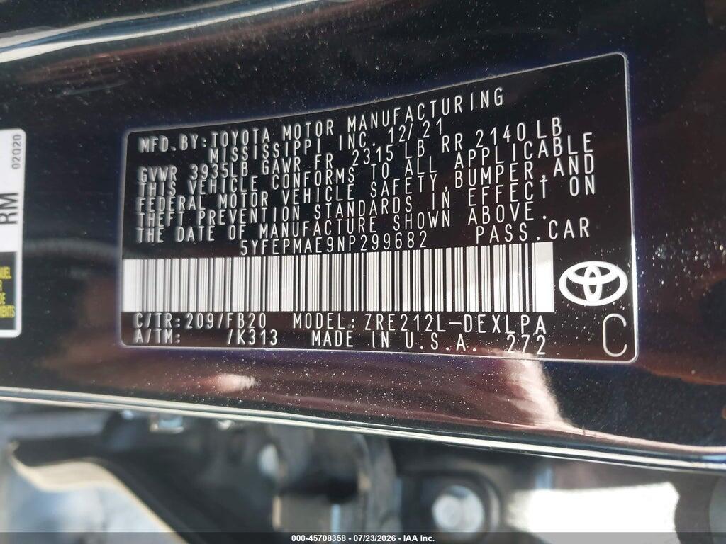 5YFEPMAE9NP299682 2022 TOYOTA COROLLA photo no. 9