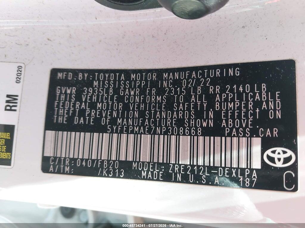 5YFEPMAE7NP308668 2022 TOYOTA COROLLA photo no. 9