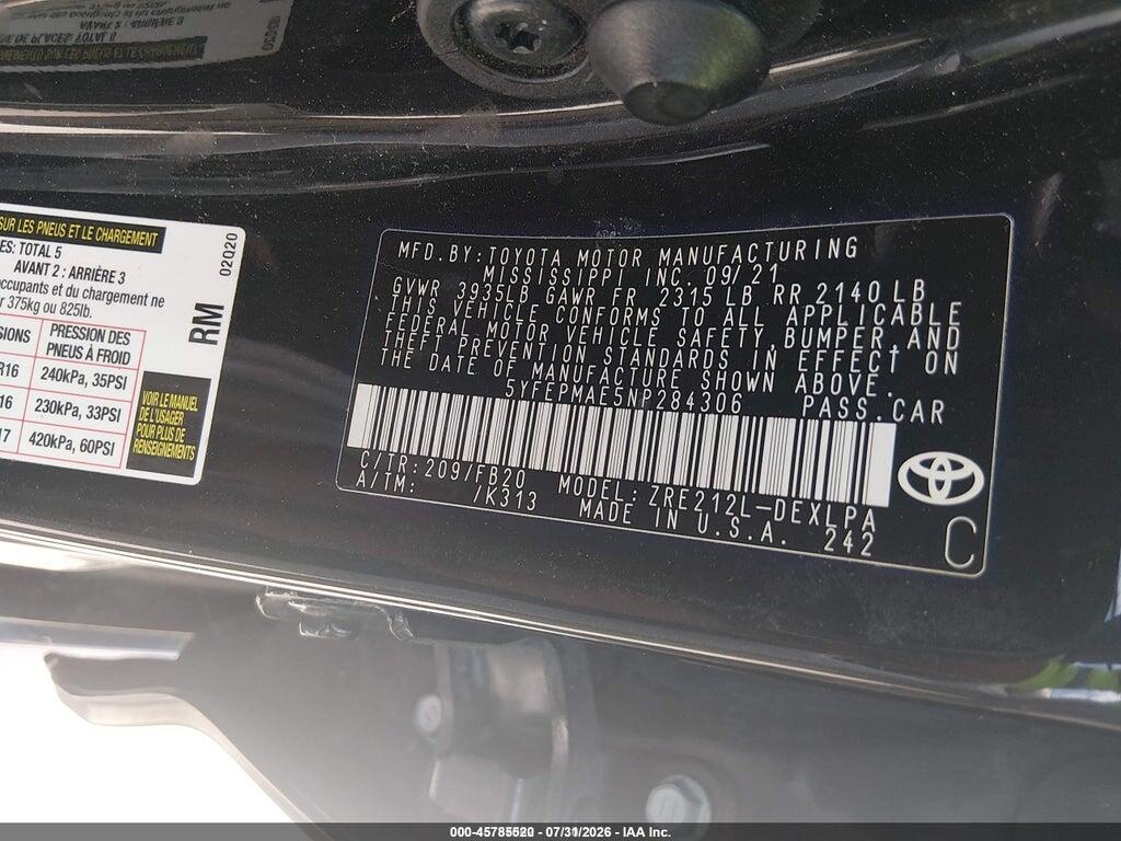 5YFEPMAE5NP284306 2022 TOYOTA COROLLA photo no. 9
