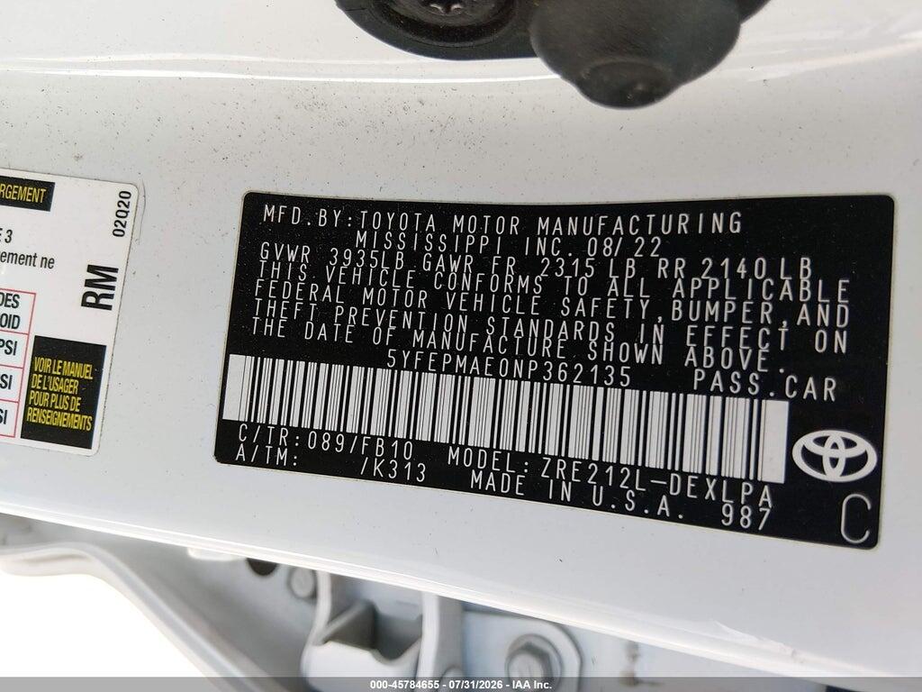 5YFEPMAE0NP362135 2022 TOYOTA COROLLA photo no. 9