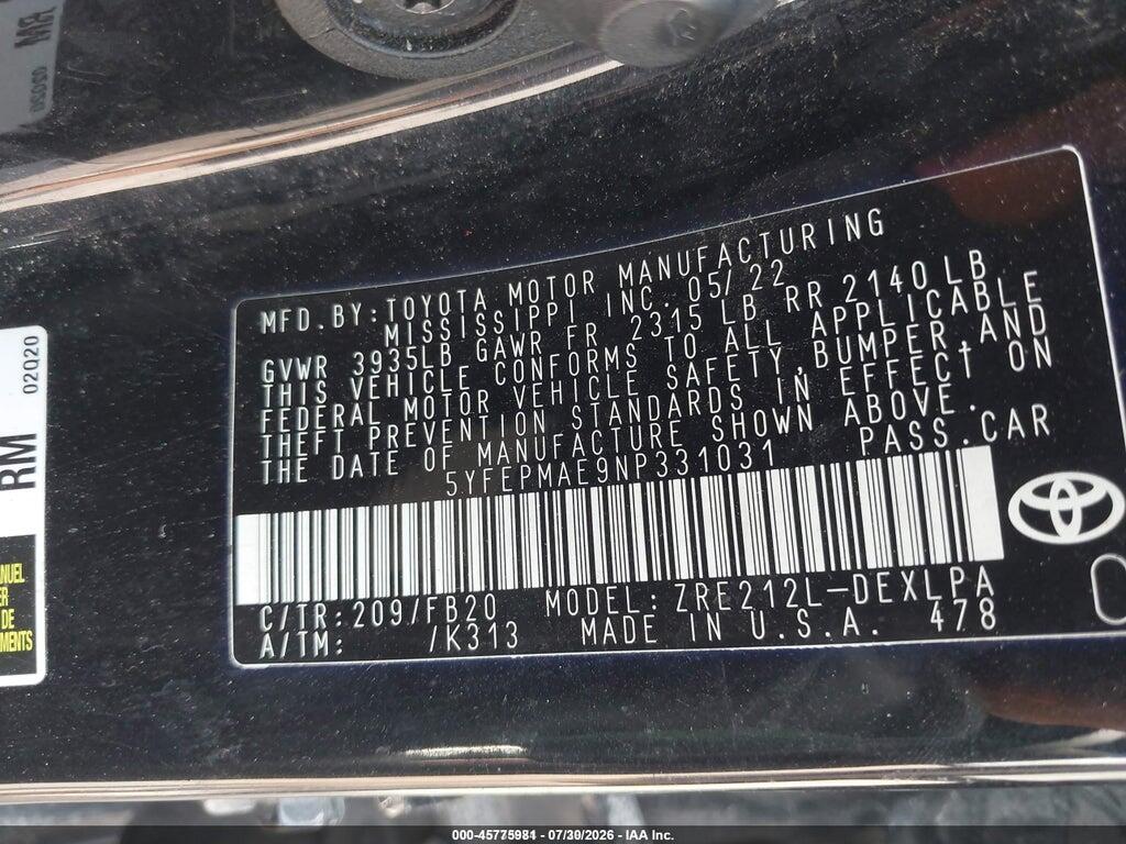 5YFEPMAE9NP331031 2022 TOYOTA COROLLA photo no. 9