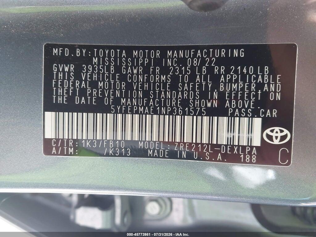 5YFEPMAE1NP361575 2022 TOYOTA COROLLA photo no. 9