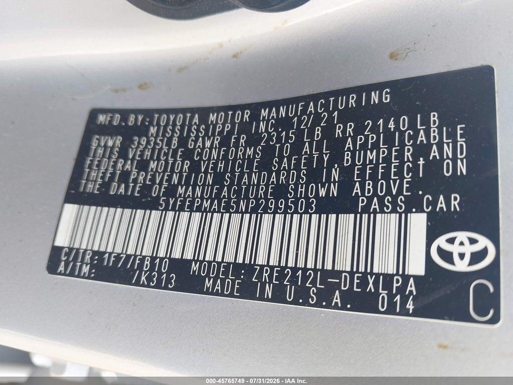 5YFEPMAE5NP299503 2022 TOYOTA COROLLA photo no. 9