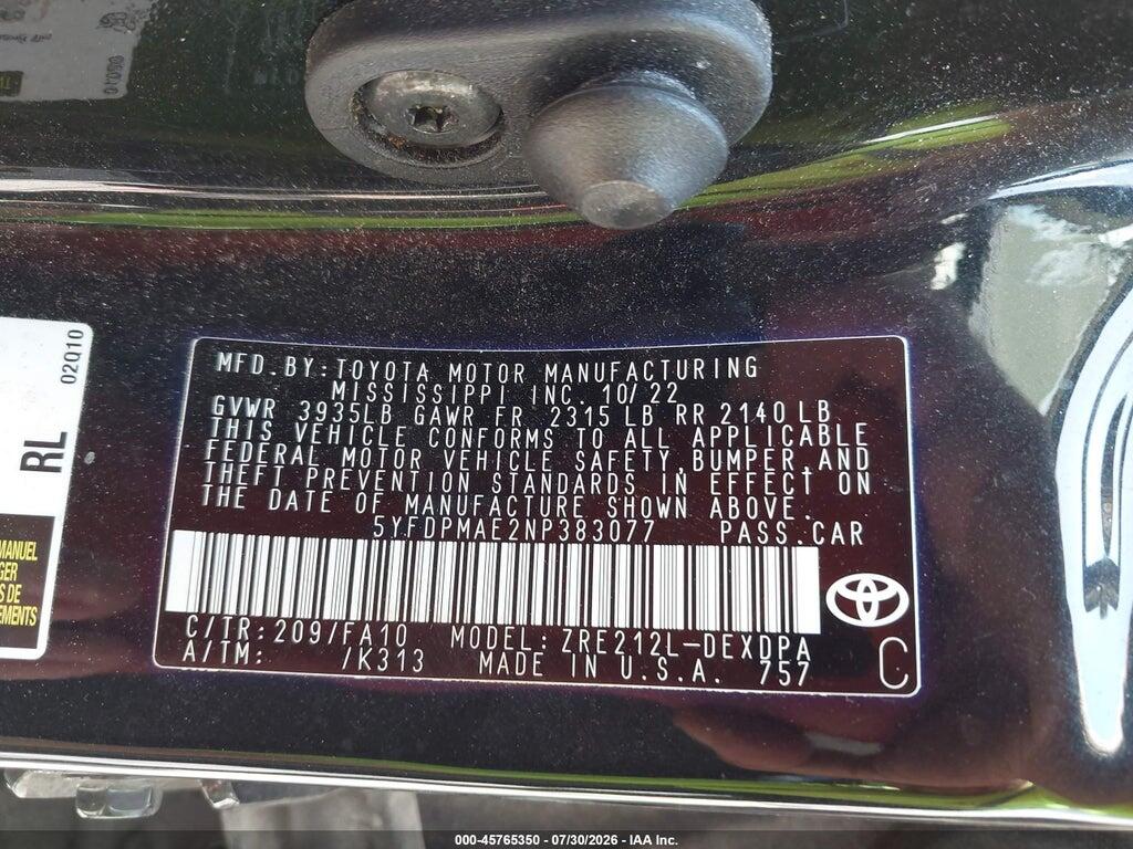 5YFDPMAE2NP383077 2022 TOYOTA COROLLA photo no. 9