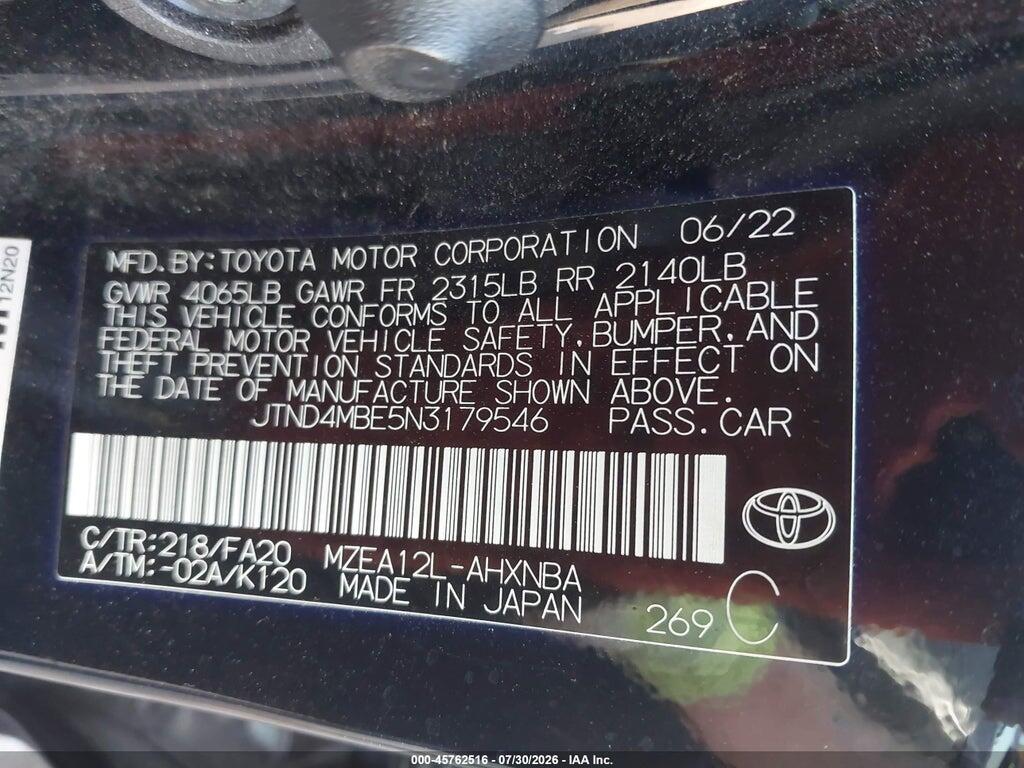 JTND4MBE5N3179546 2022 TOYOTA COROLLA photo no. 9