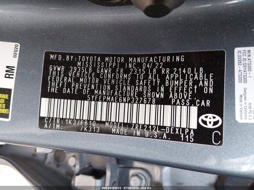 5YFEPMAE6NP327678 2022 TOYOTA COROLLA photo no. 9