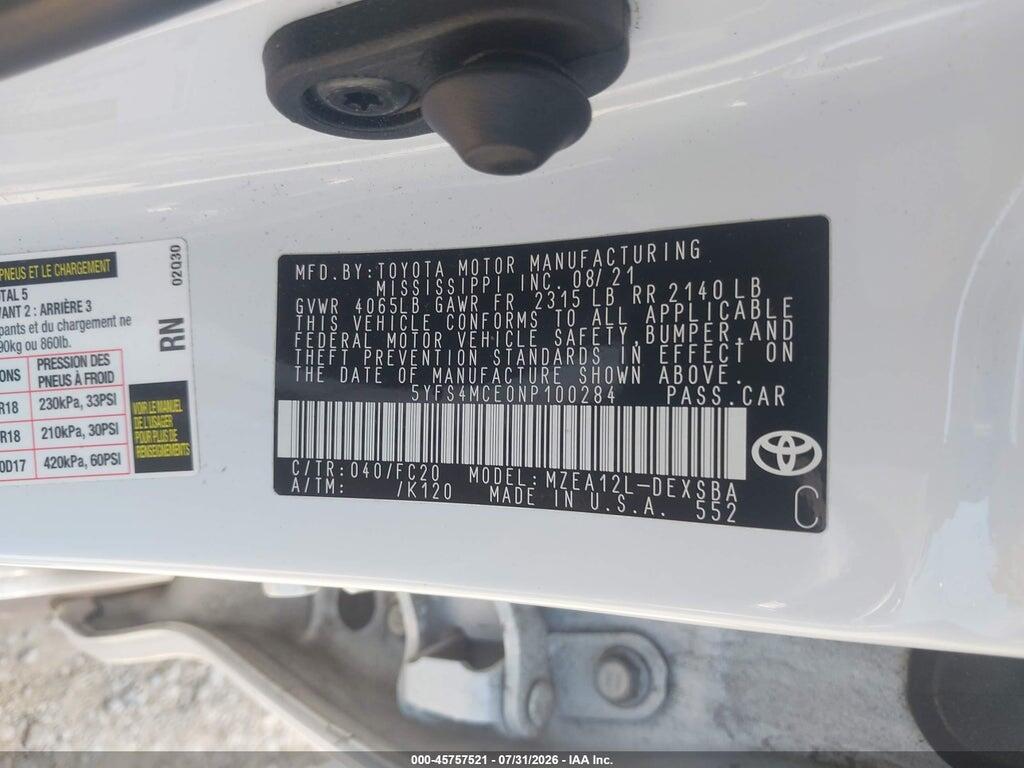 5YFS4MCE0NP100284 2022 TOYOTA COROLLA photo no. 9