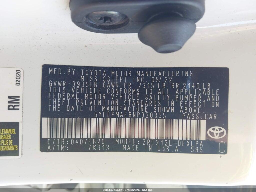 5YFEPMAE8NP330355 2022 TOYOTA COROLLA photo no. 9