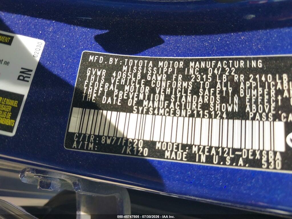 5YFS4MCE9NP115124 2022 TOYOTA COROLLA photo no. 9