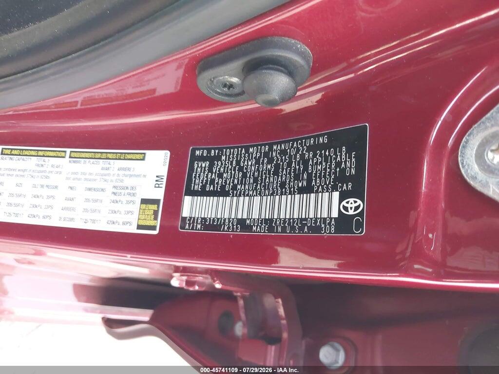 5YFEPMAE0NP381915 2022 TOYOTA COROLLA photo no. 9