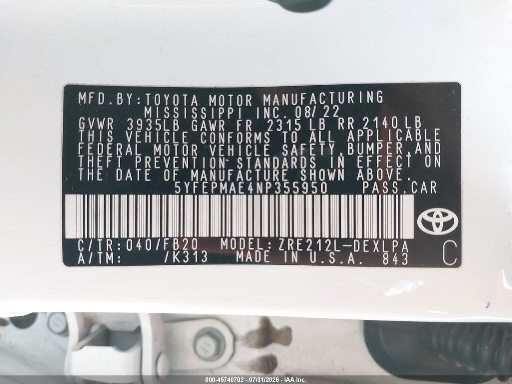 5YFEPMAE4NP355950 2022 TOYOTA COROLLA photo no. 9