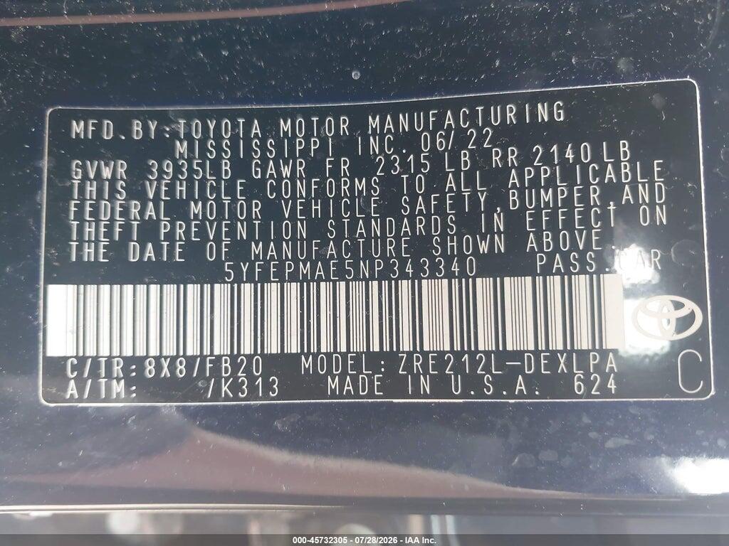 5YFEPMAE5NP343340 2022 TOYOTA COROLLA photo no. 9