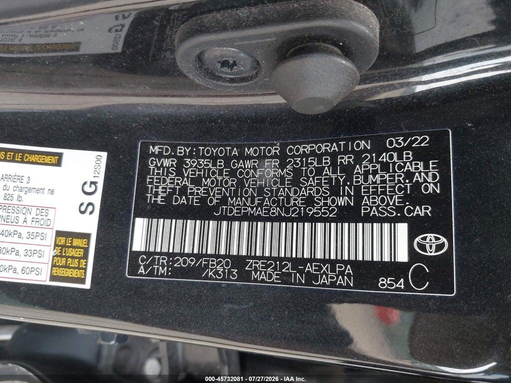JTDEPMAE8NJ219552 2022 TOYOTA COROLLA photo no. 9