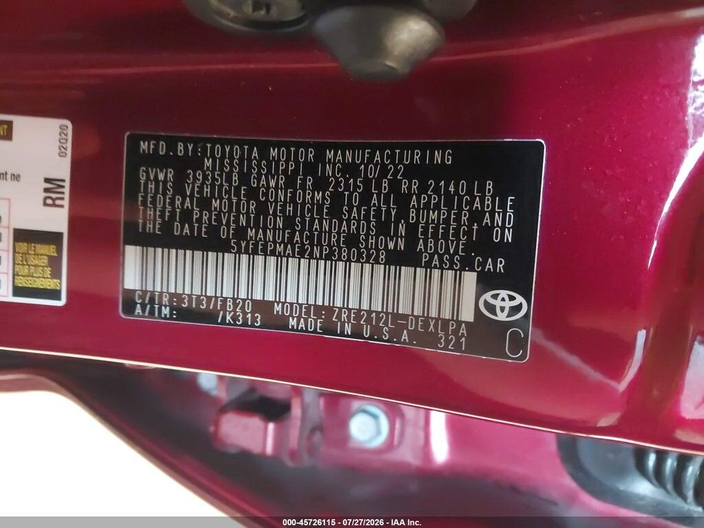 5YFEPMAE2NP380328 2022 TOYOTA COROLLA photo no. 9