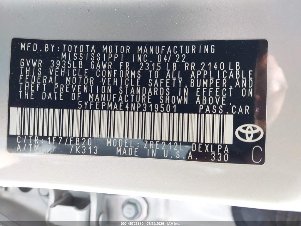 5YFEPMAE4NP319501 2022 TOYOTA COROLLA photo no. 9