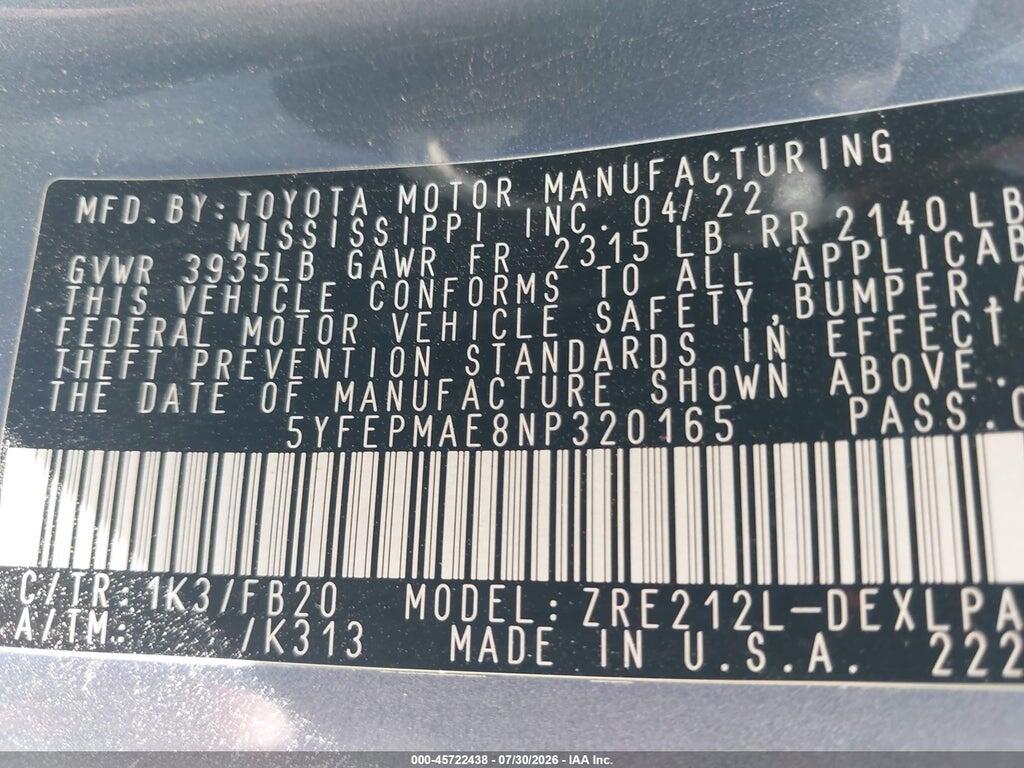 5YFEPMAE8NP320165 2022 TOYOTA COROLLA photo no. 9