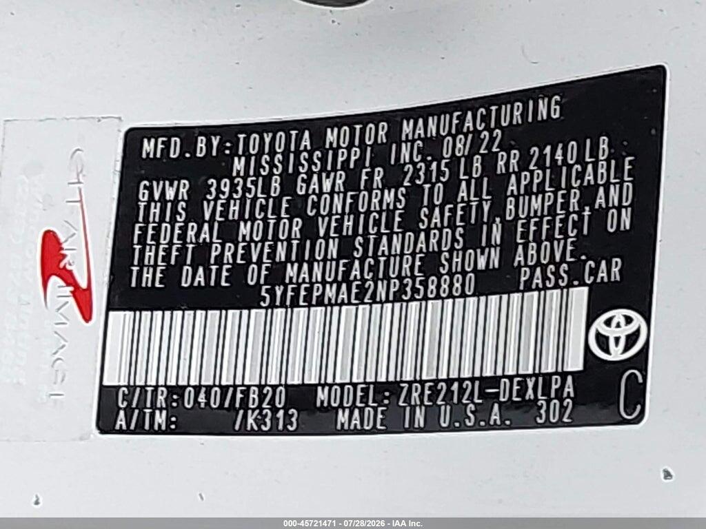 5YFEPMAE2NP358880 2022 TOYOTA COROLLA photo no. 9