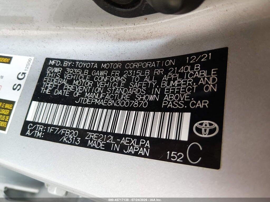 JTDEPMAE8N3007870 2022 TOYOTA COROLLA photo no. 9