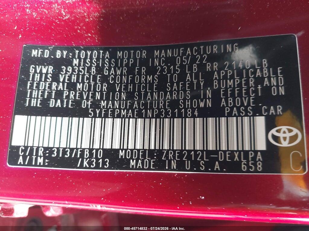5YFEPMAE1NP331184 2022 TOYOTA COROLLA photo no. 9