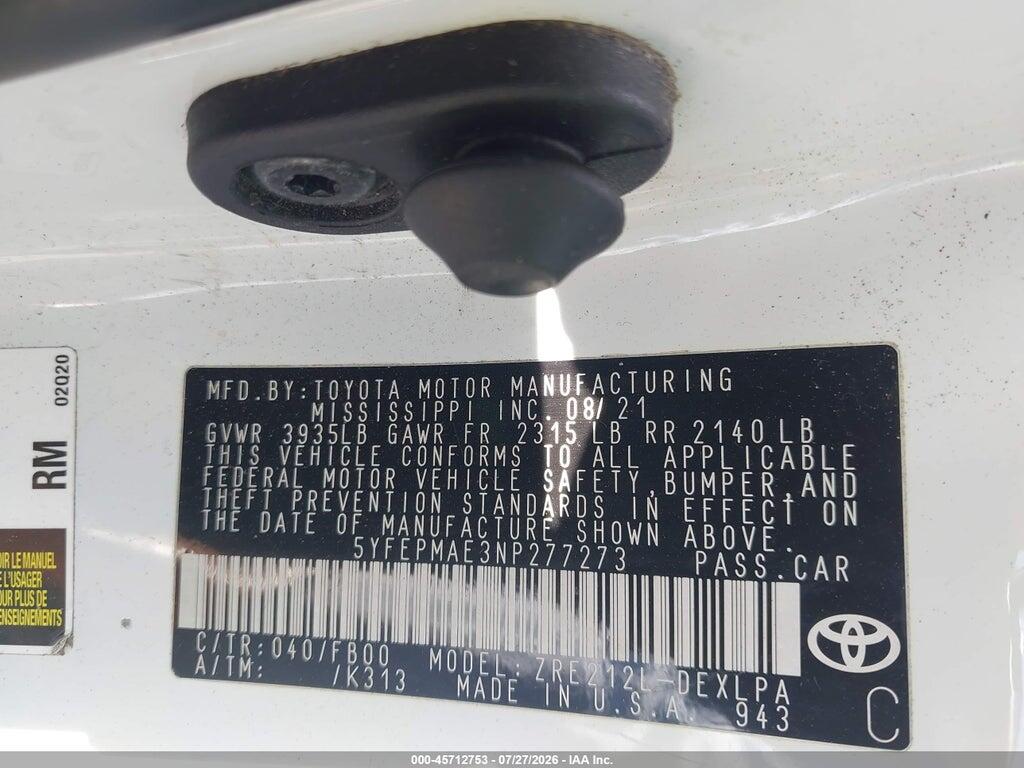 5YFEPMAE3NP277273 2022 TOYOTA COROLLA photo no. 9