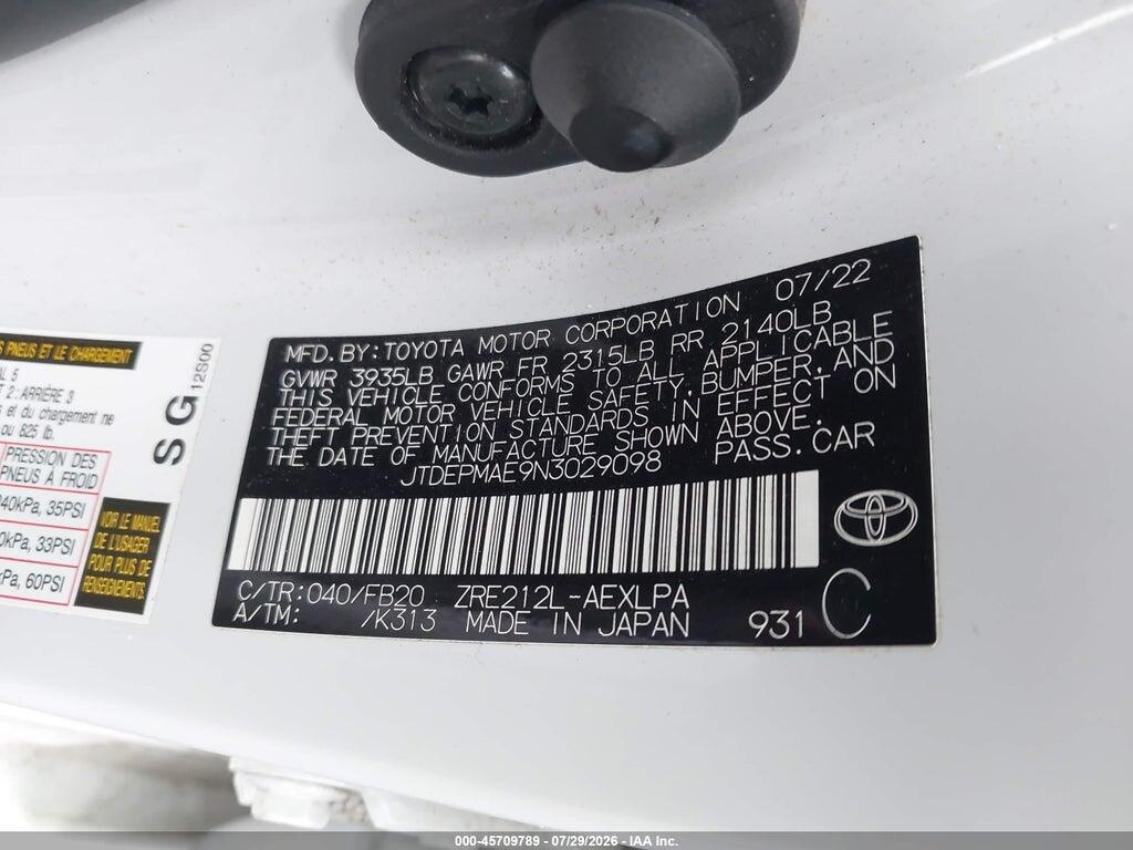 JTDEPMAE9N3029098 2022 TOYOTA COROLLA photo no. 9