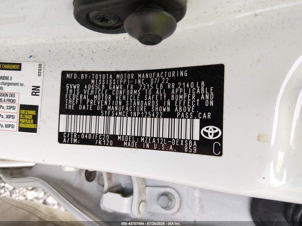 5YFS4MCE1NP125422 2022 TOYOTA COROLLA photo no. 9
