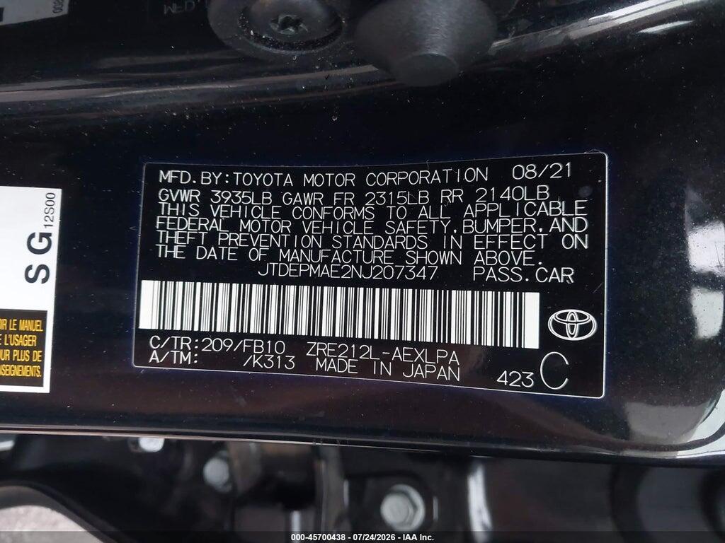 JTDEPMAE2NJ207347 2022 TOYOTA COROLLA photo no. 9