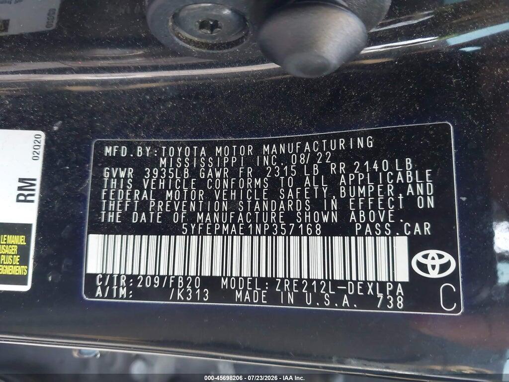 5YFEPMAE1NP357168 2022 TOYOTA COROLLA photo no. 9