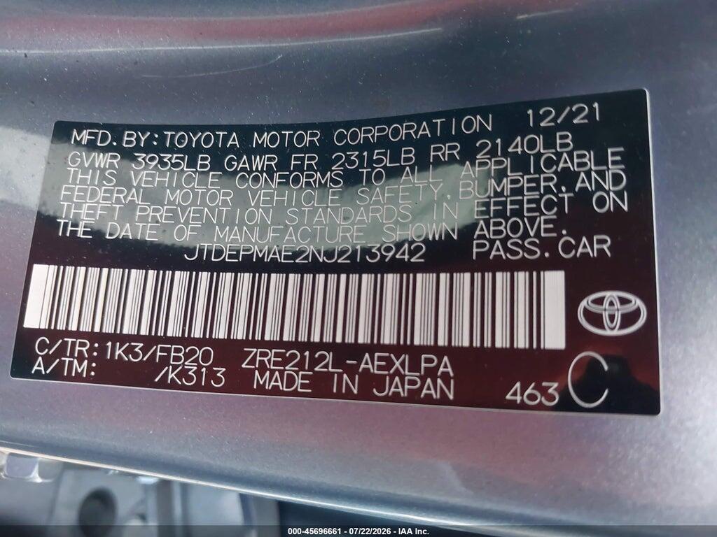 JTDEPMAE2NJ213942 2022 TOYOTA COROLLA photo no. 9
