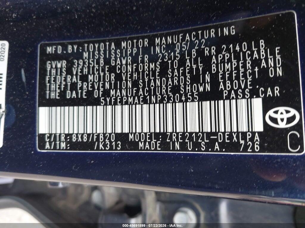 5YFEPMAE1NP330455 2022 TOYOTA COROLLA photo no. 9