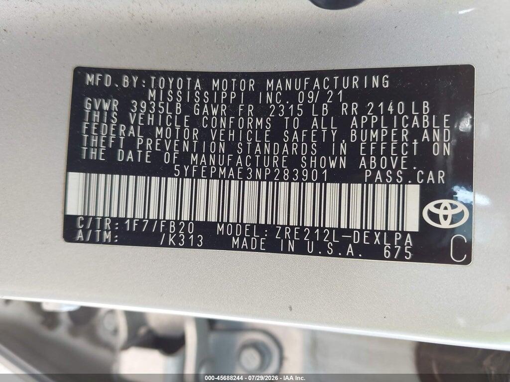 5YFEPMAE3NP283901 2022 TOYOTA COROLLA photo no. 9
