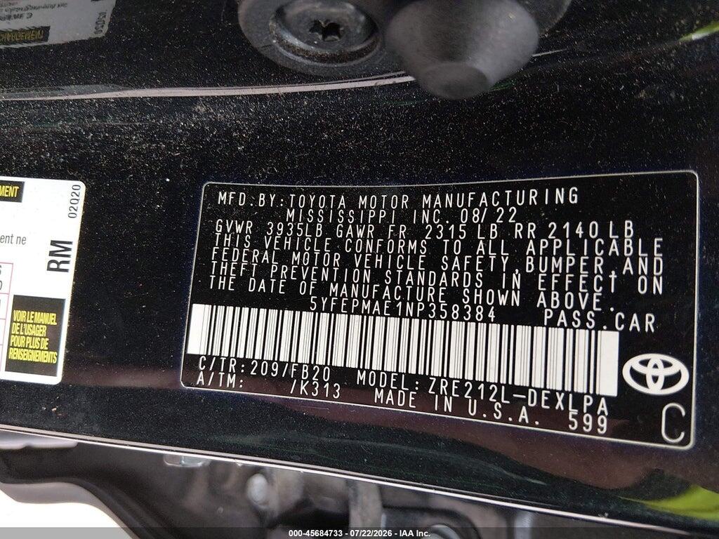 5YFEPMAE1NP358384 2022 TOYOTA COROLLA photo no. 9