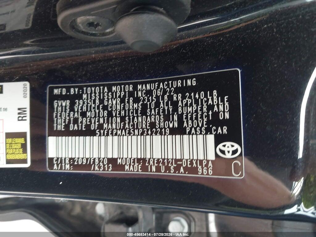 5YFEPMAE5NP342219 2022 TOYOTA COROLLA photo no. 9