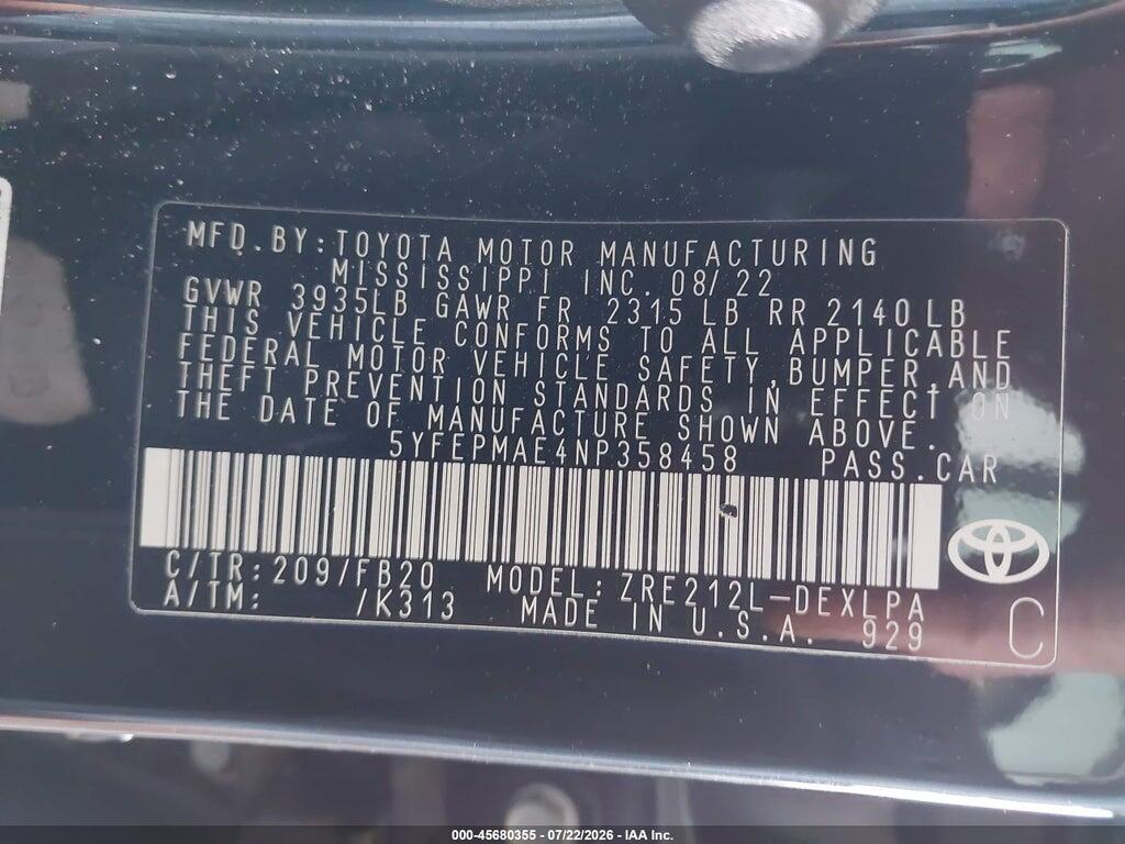 5YFEPMAE4NP358458 2022 TOYOTA COROLLA photo no. 9