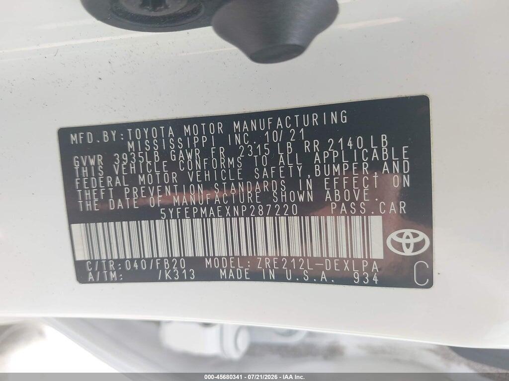 5YFEPMAEXNP287220 2022 TOYOTA COROLLA photo no. 9